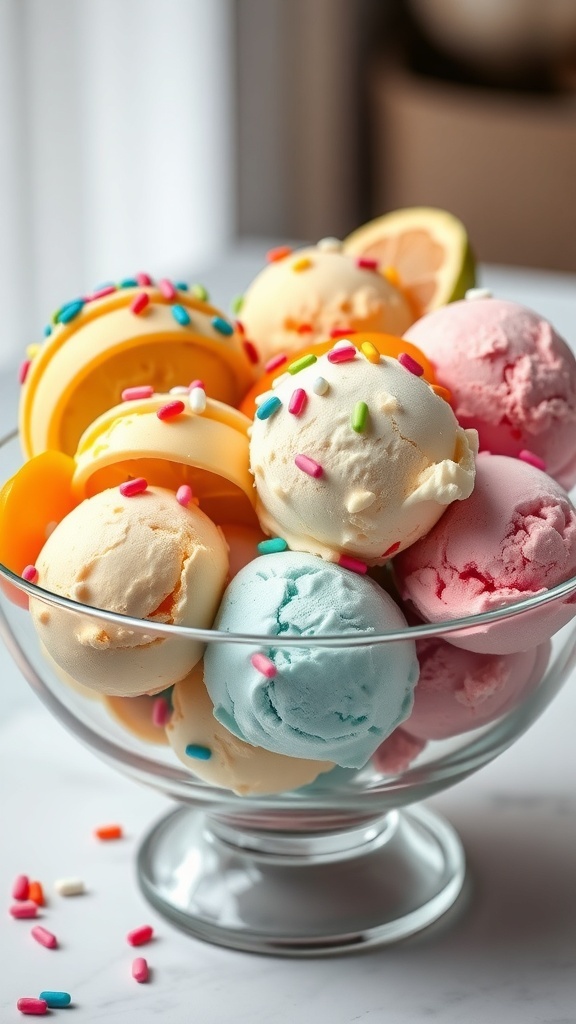 Aesthetic ice cream bowl with colorful scoops and toppings on a soft background.